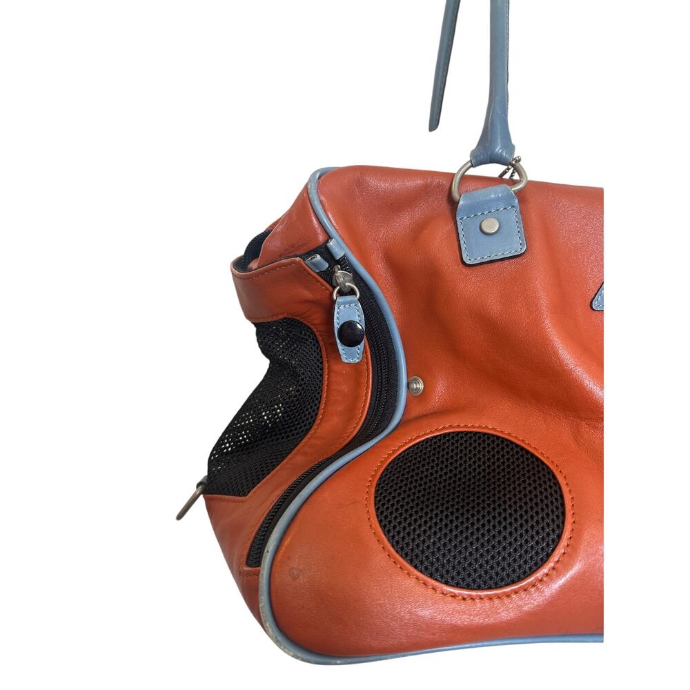 Emre New York Leather Small Pet Carrier Cognac & Blue Dog/Cat Travel Bag 16x10x9 - Picture 9 of 16